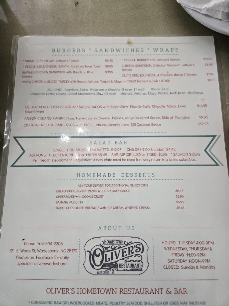 Oliver's Restaurant Menu image 1